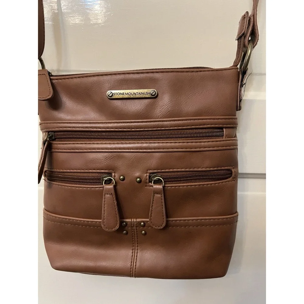 Stone Mountain Bonded Talia Leather Crossbody Purse Brown Multi Pocket Bag Zip